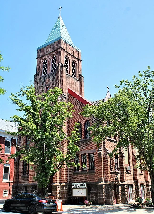 The brick exterior of St. Francis of Assisi Catholic Church at the corner of 14th and Market Street, Harrisburg.