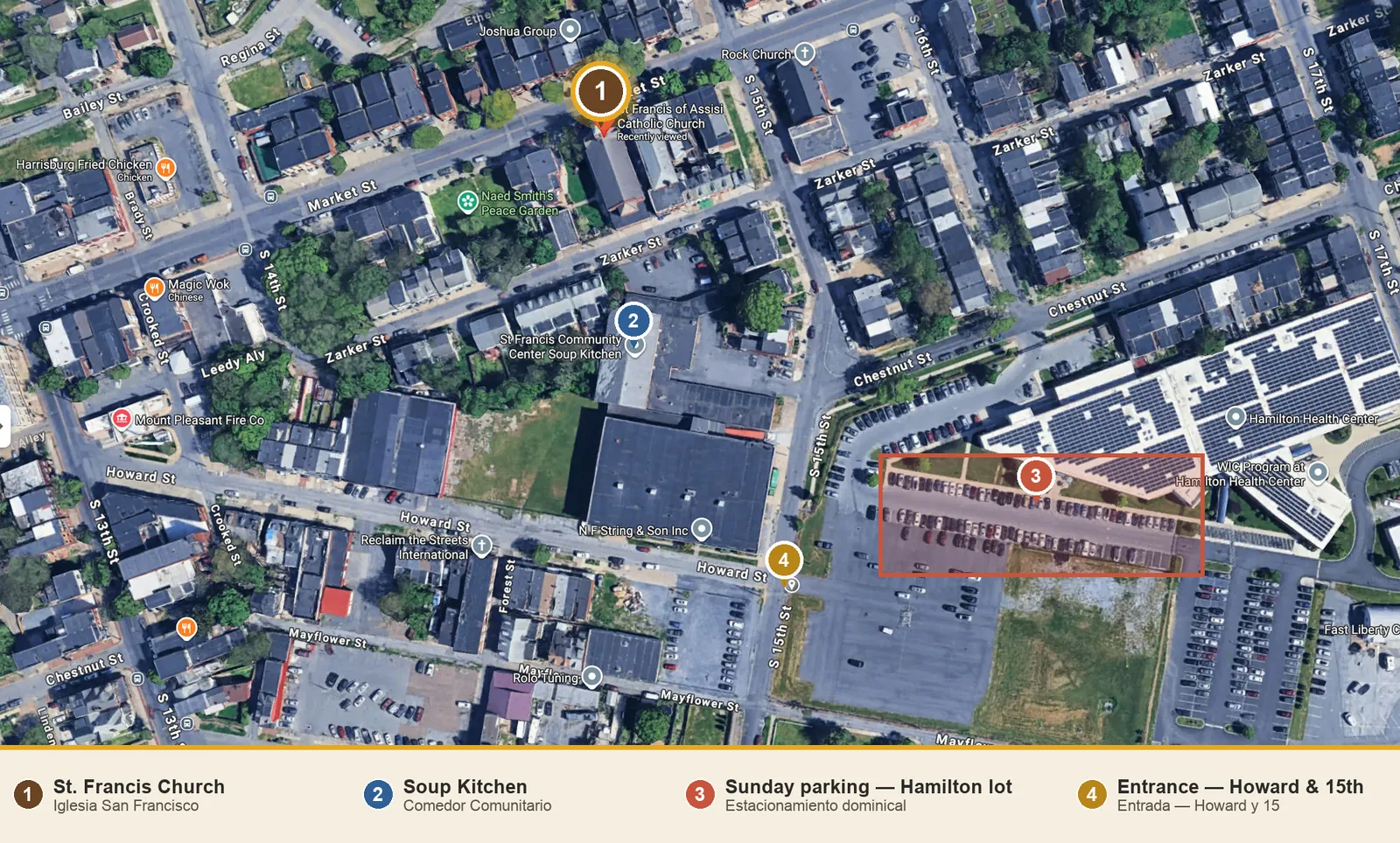 Map of Sunday parking near St. Francis: (1) the church at 15th & Market, (2) the soup kitchen on Zarker St, (3) the Hamilton Health Center parking lot, and (4) the lot entrance at Howard & 15th St. / Mapa del estacionamiento dominical cerca de San Francisco: (1) la iglesia en la 15 y Market, (2) el comedor comunitario en Zarker St, (3) el lote del Hamilton Health Center, y (4) la entrada del lote en Howard y la 15.